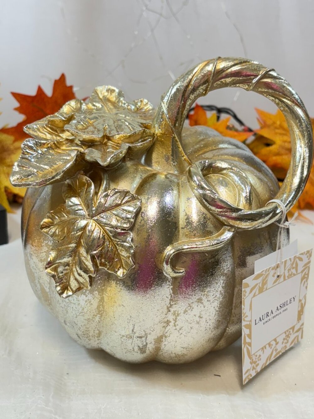 Thanksgiving Fall Laura Ashley Gold Leaves Pumpkin Resin Home Decor New